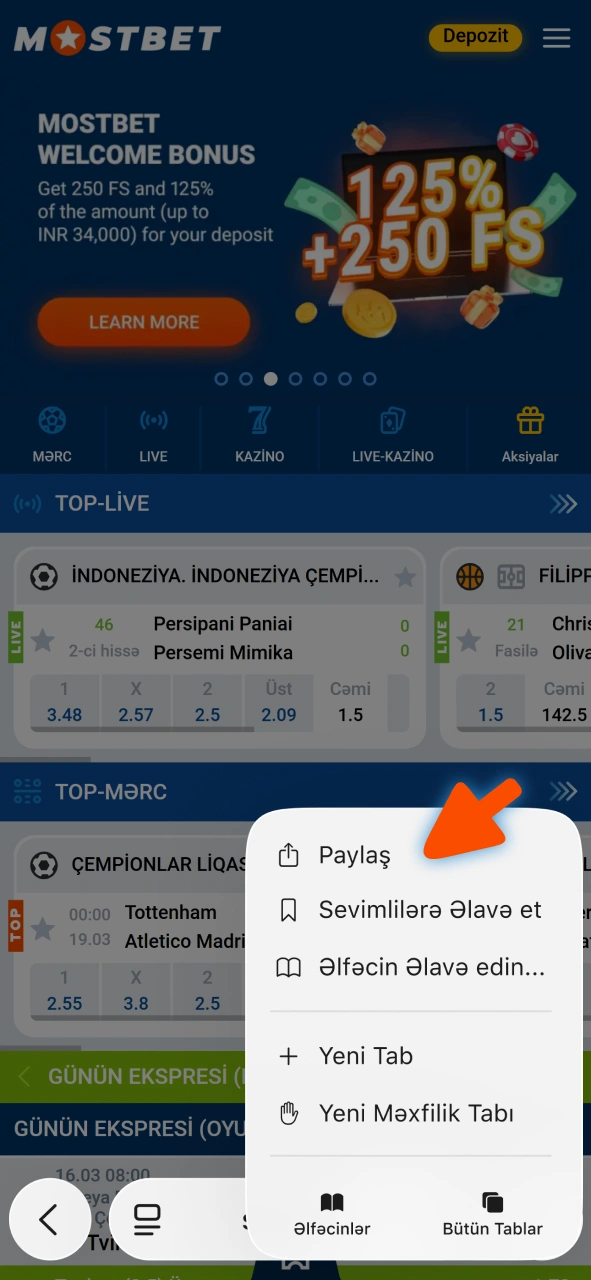 Mostbet iOS tətbiqini əldə etmək üçün paylaşma parametrləri seçiminə klikləyin.