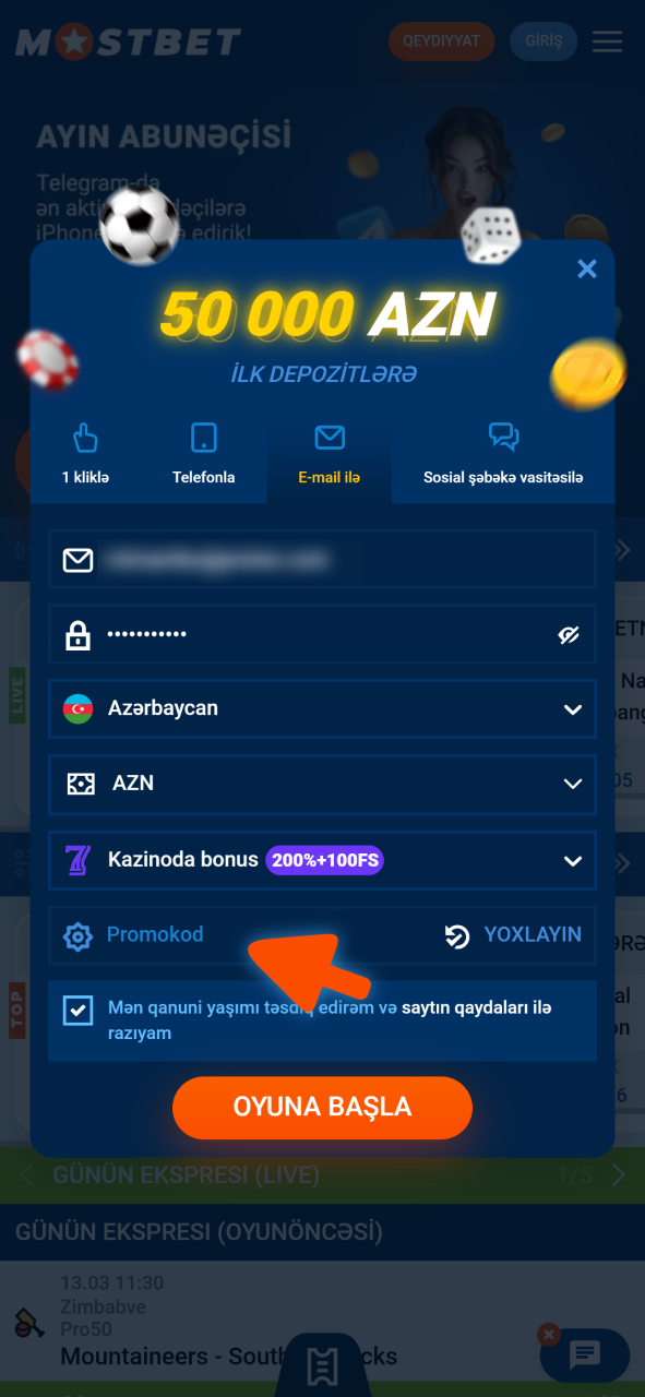 Mostbet-də son qeydiyyat sahəsinə promo kodunu daxil edin.
