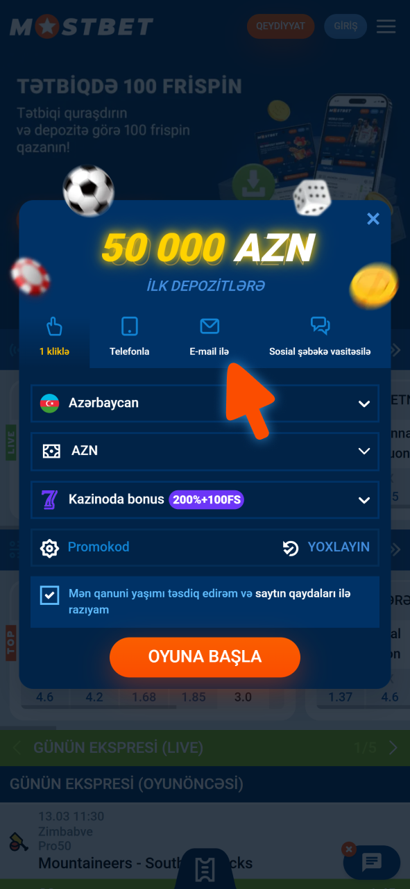 Mostbet Azerbaijan-da promo kodundan istifadə etmək üçün qeydiyyat metodunu seçin.