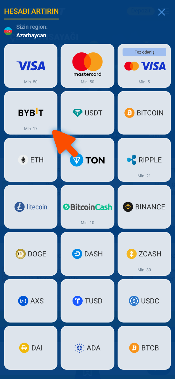 Qeydiyyatdan keçdikdən sonra Mostbet profilinizdə depozit üsulunu seçin.