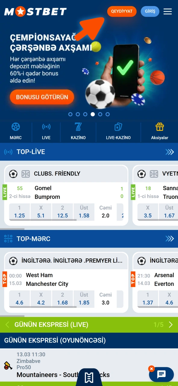 Hesab yaratmaq üçün Mostbet menyusunda qeydiyyat düyməsini tapın.