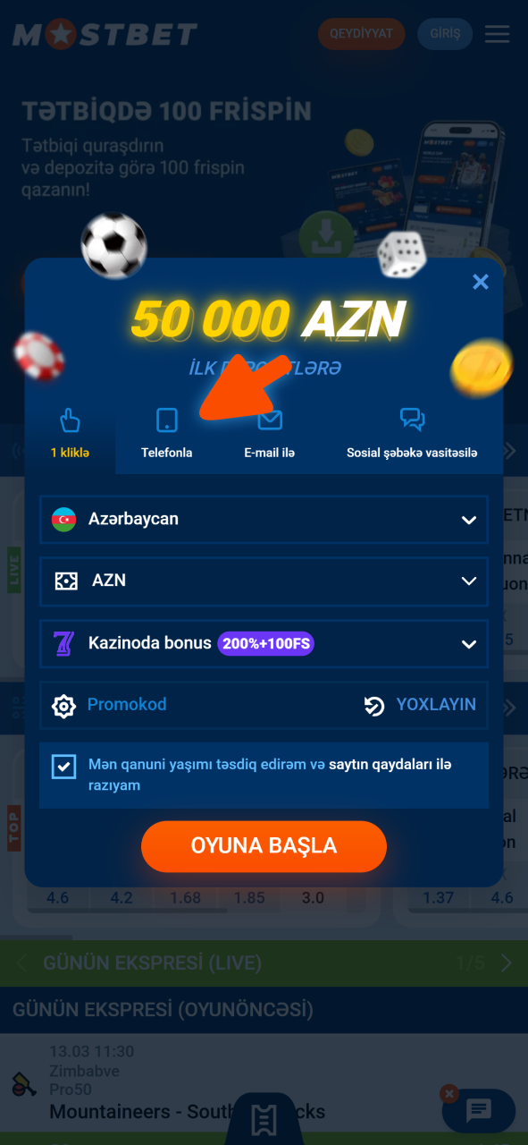 Mostbet hesabınızı yaratmaq istədiyiniz üsulu seçin.